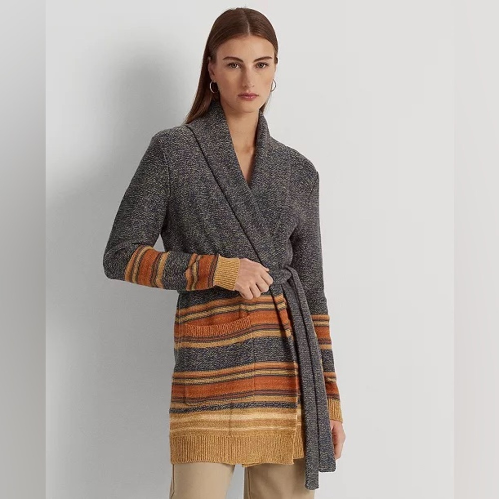 Lauren Ralph Lauren Striped Belted Cotton & Linen Blend Cardigan Size XS